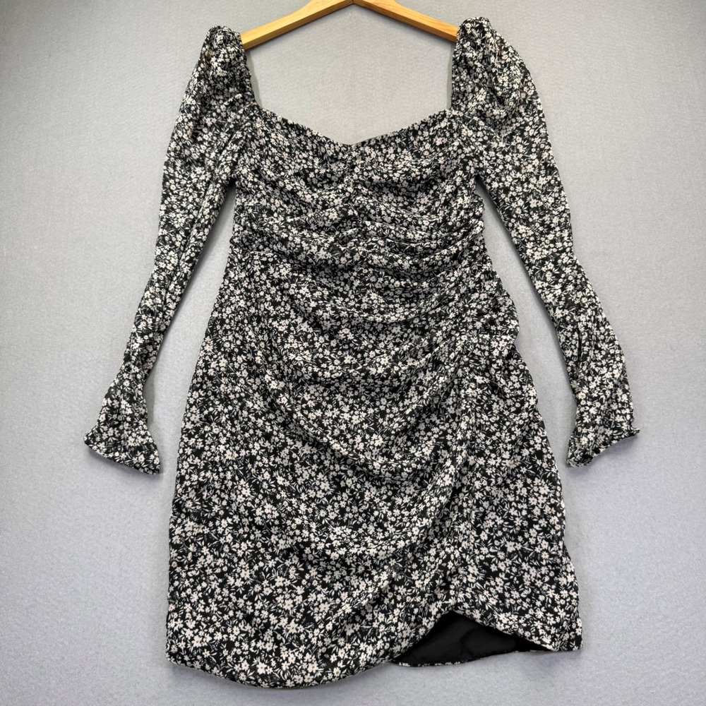 ASTR The Label Black Floral Ruched Long Sleeve Mini Dress ADR100451 Medium